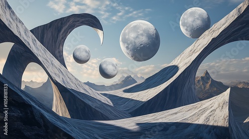 A surreal landscape with floating moons and abstract rock formations.