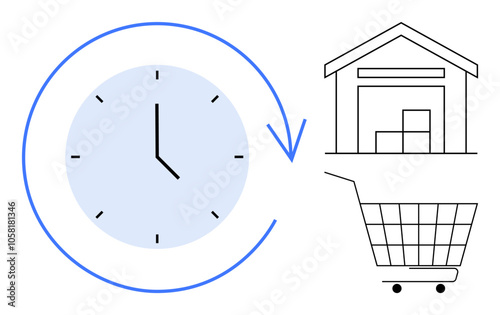 Simple icons show a clock with an arrow, a warehouse with boxes, and a shopping cart, representing efficient shopping and logistics. Ideal for time management, inventory management, e-commerce