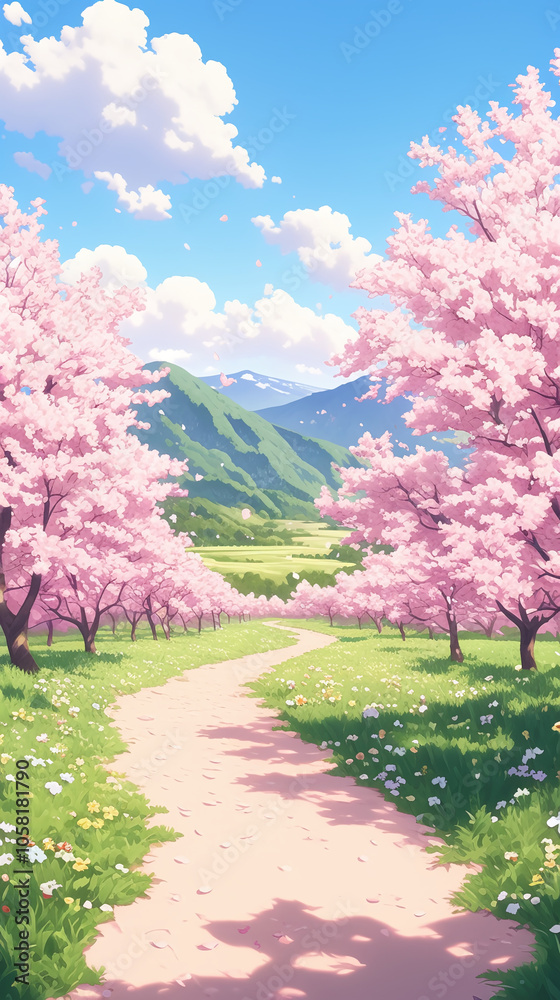 Fototapeta premium Serene Spring Landscape with Cherry Blossoms and Winding Path