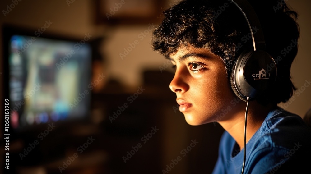 Teen gamer wearing a headset and holding a game controller, fully immersed in a gaming experience. The close-up showcases a focused expression and dynamic energy, capturing the excitement of virtual Teen gamer wearing a headset and holding a game controller, fully immersed in a gaming experience. The close-up showcases a focused expression and dynamic energy, capturing the excitement of virtual