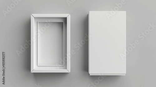 White Blank Rectangle Box Mockup Template with Open and Closed Lid on Gray Background, Top View, 3D Rendering