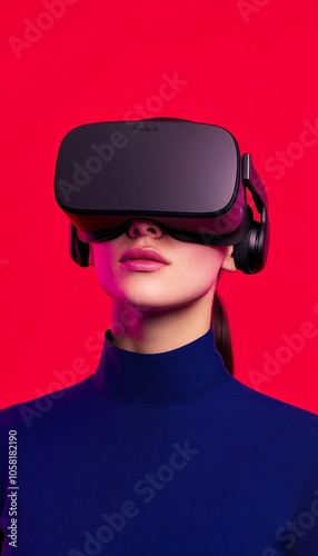 Woman wearing a VR headset, looking straight ahead, against a red background.