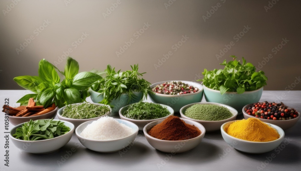 Assortment of dried herbs and spices in bowls on a gray table. Assortment of dried herbs and spices in bowls on a gray table.