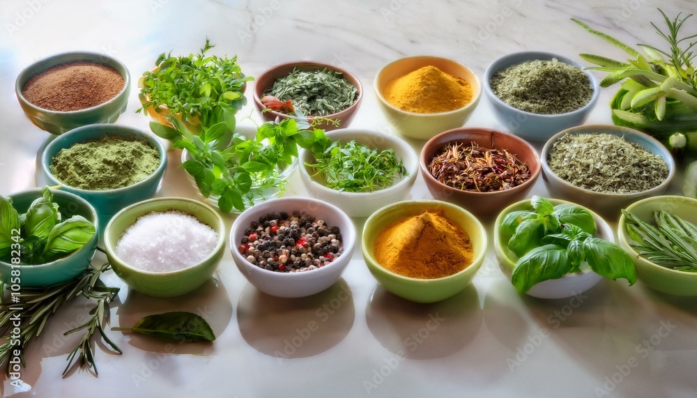A collection of fresh herbs and spices, ready for cooking. A collection of fresh herbs and spices, ready for cooking.