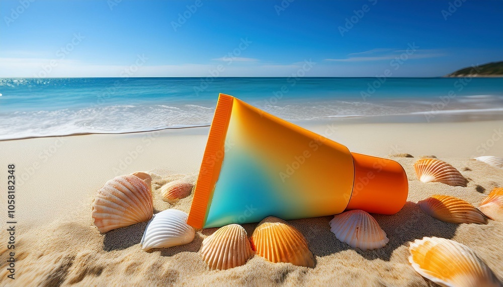 Sunscreen and seashells on a sandy beach. A perfect summer day. Sunscreen and seashells on a sandy beach. A perfect summer day.