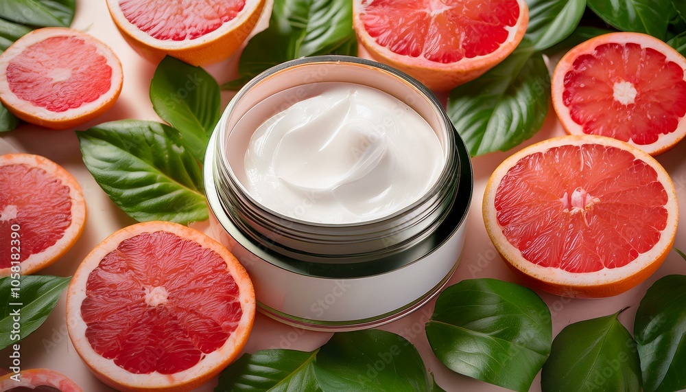 A jar of face cream surrounded by fresh grapefruit slices and green leaves. A jar of face cream surrounded by fresh grapefruit slices and green leaves.