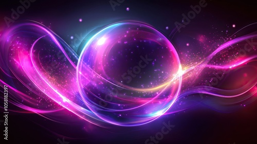 Abstract neon energy sphere of particles and waves of magical glowing on a dark background, circle and loop frames with magic purple and pink flame and