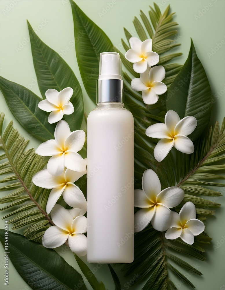 White bottle of lotion surrounded by tropical green leaves and white plumeria flowers. White bottle of lotion surrounded by tropical green leaves and white plumeria flowers.