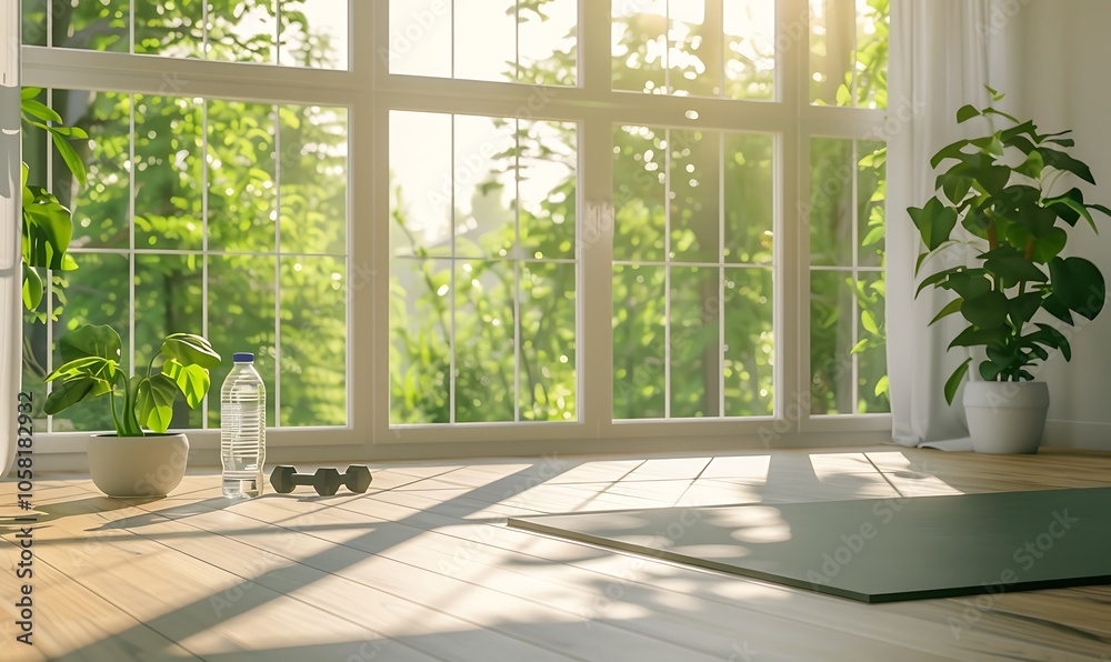 Fototapeta premium A serene indoor space with a yoga mat, plants, and sunlight streaming through large windows, promoting relaxation and wellness.