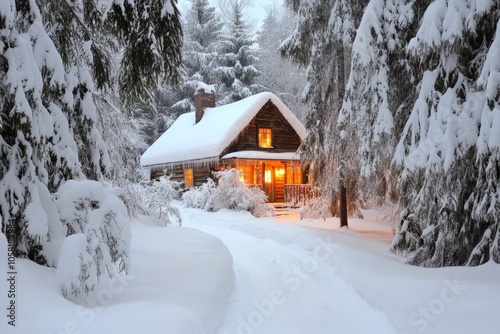 Rustic wooden cabin with warm lights in a snowy forest creating a nostalgic winter atmosphere perfect for cozy holiday scenes