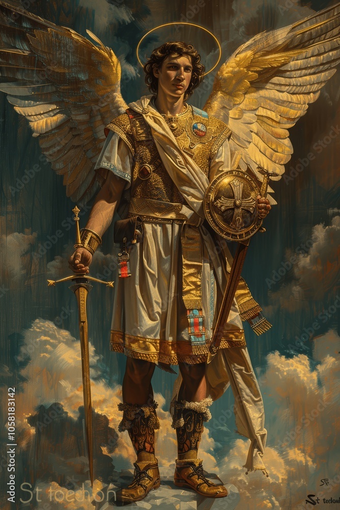 Archangel Michael Holding Golden Sword of Light and Shield Flying over ...