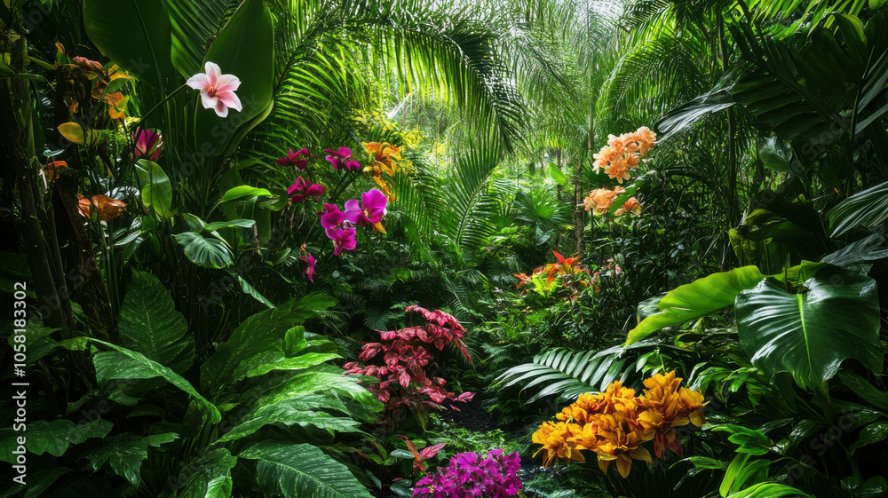 tropical rainforest filled with vibrant orchids, lush ferns, and diverse foliage creates serene and colorful atmosphere. rich greenery and blooming flowers evoke sense of tranquility and beauty tropical rainforest filled with vibrant orchids, lush ferns, and diverse foliage creates serene and colorful atmosphere. rich greenery and blooming flowers evoke sense of tranquility and beauty
