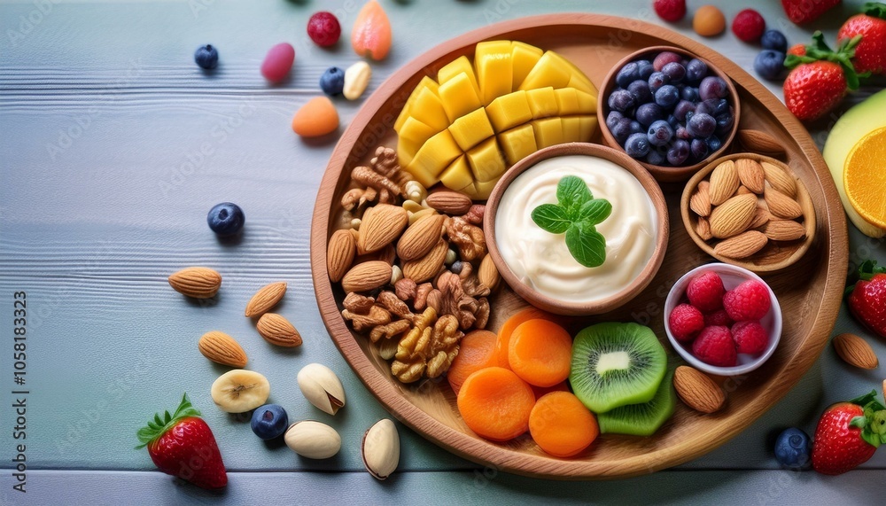 A colorful and healthy snack platter with mango, kiwi, yogurt, almonds, walnuts, and raspberries.