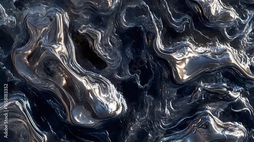 Fototapeta Naklejka Na Ścianę i Meble -  Dynamic liquid metal surface with intricate organic shapes. a dark and mysterious backdrop for imaginative designs. 3d rendered abstraction. Metallic Glaze. Illustration