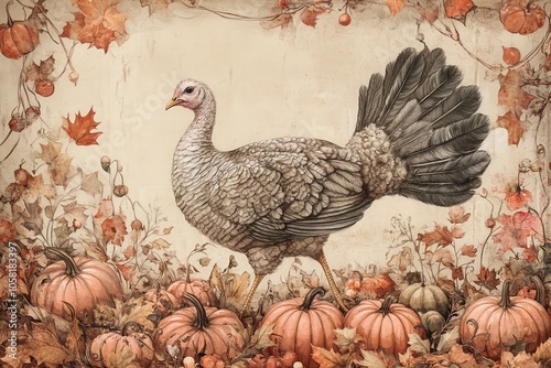 Wallpaper Mural A beautifully illustrated turkey surrounded by pumpkins and autumn leaves, capturing the essence of the fall season. Torontodigital.ca
