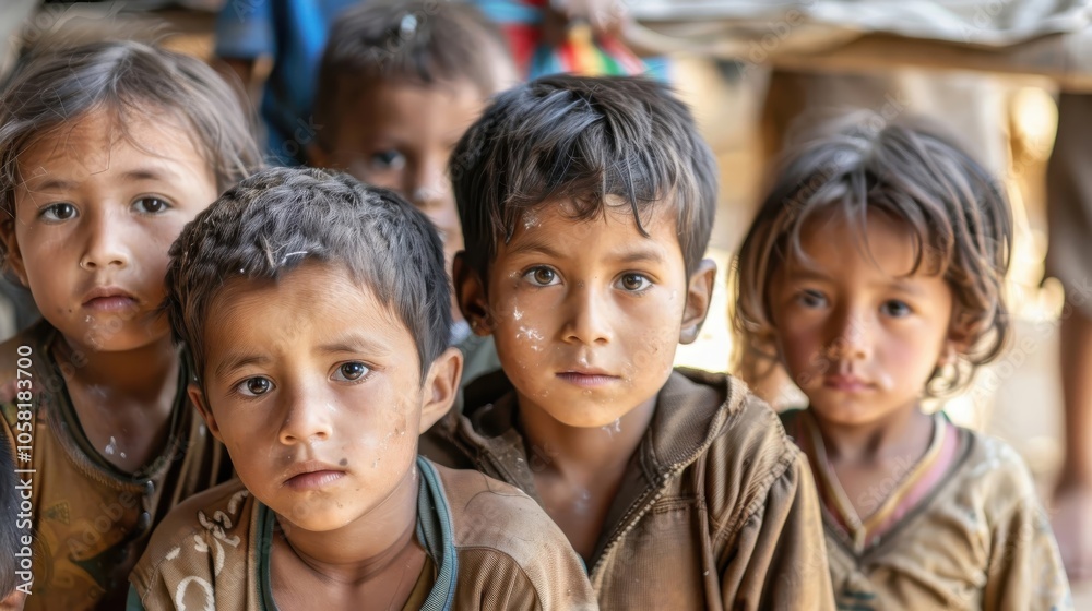 A group of little sad children sit together, their expressions reflecting the struggles of poverty and hardship. A group of little sad children sit together, their expressions reflecting the struggles of poverty and hardship.
