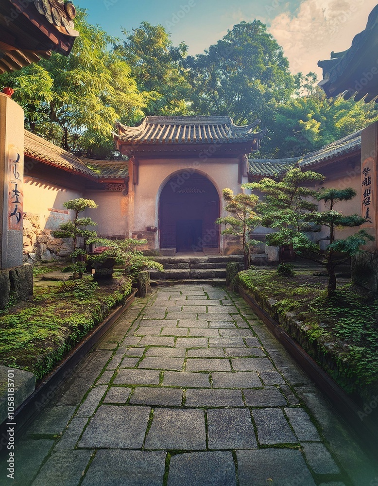 Obraz premium A stone path leads through a serene Japanese garden, passing a traditional wooden gate and a small pond. The path is surrounded by lush greenery and the air is filled with the sounds of nature.