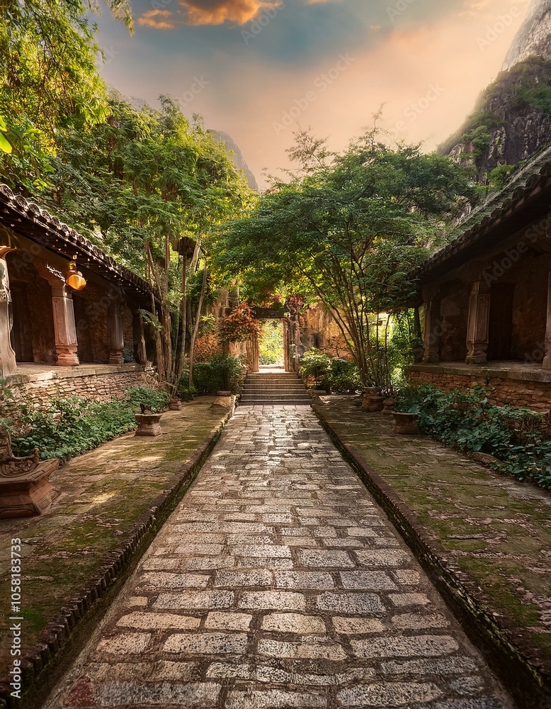 A stone pathway leads through a lush, tropical garden, framed by ancient buildings and a bright sky. A stone pathway leads through a lush, tropical garden, framed by ancient buildings and a bright sky.