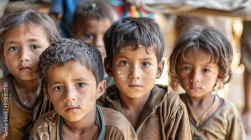 A group of little sad children sit together, their expressions reflecting the struggles of poverty and hardship.