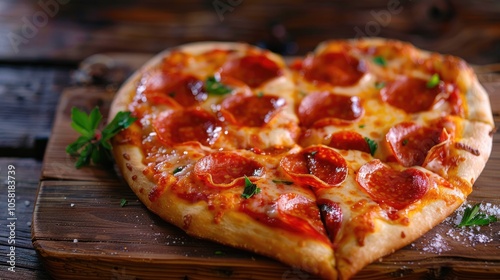 Heart-shaped pepperoni pizza for Valentine's Day - a blend of American and Italian cuisine in a macro food photo