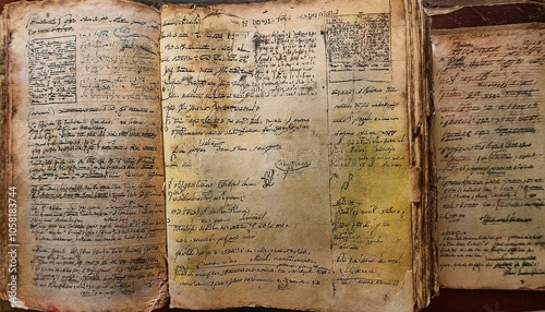 An open antique book with handwritten text on the pages.