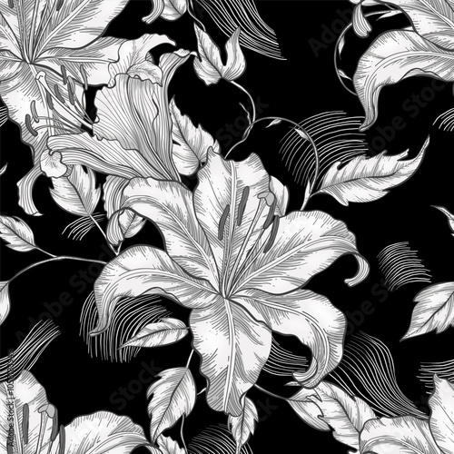 Floral seamless pattern of vintage delicate lilies, leaves and vines  drawn i...
