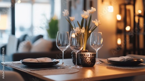 A chic dining area with a stylish table setting, modern decor