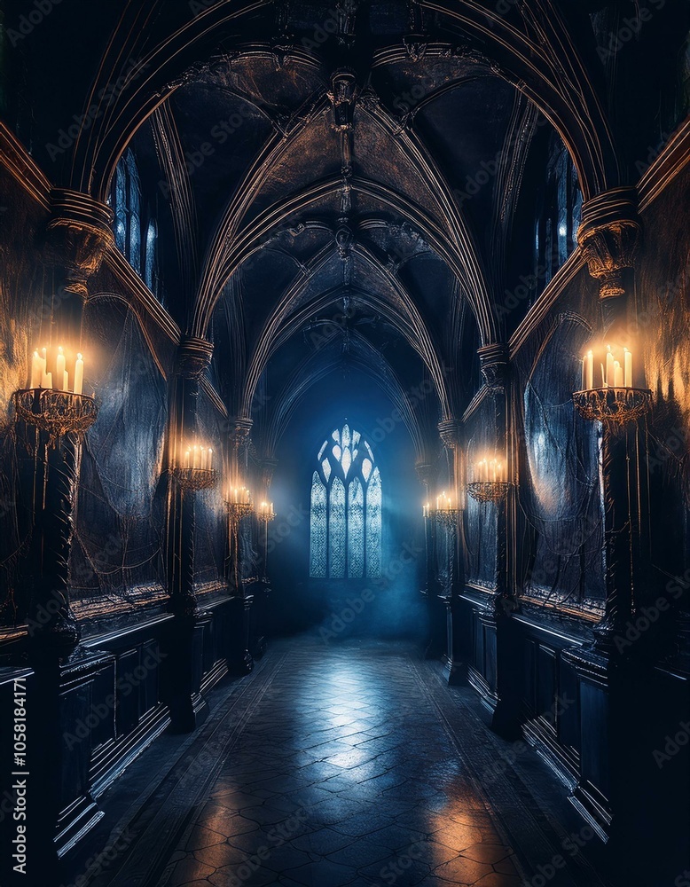 A long, dark hallway in a Gothic cathedral. The walls are lined with ornate stonework, and the floor is tiled in a dark, geometric pattern.