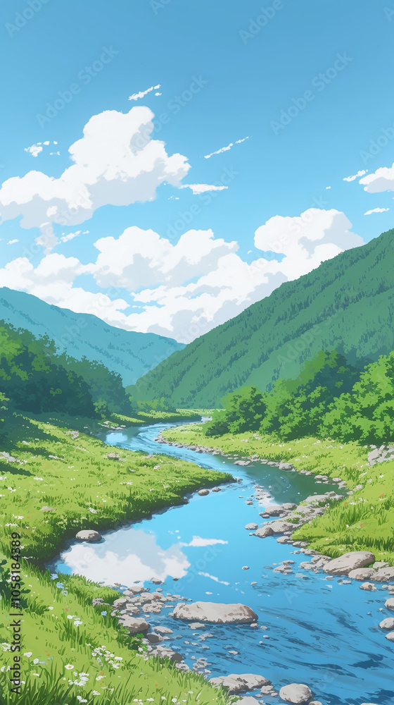 Serene River Valley Landscape with Lush Greenery and Blue Sky Serene River Valley Landscape with Lush Greenery and Blue Sky