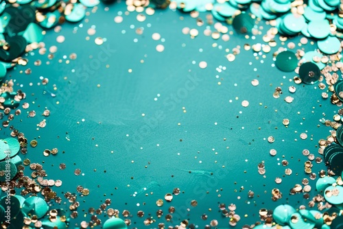 Sequins in the frame Teal birthday confetti with green Christmas. Generative Ai