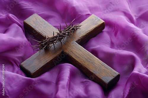A wooden cross surrounded by thorns and set against a purple. Generative Ai