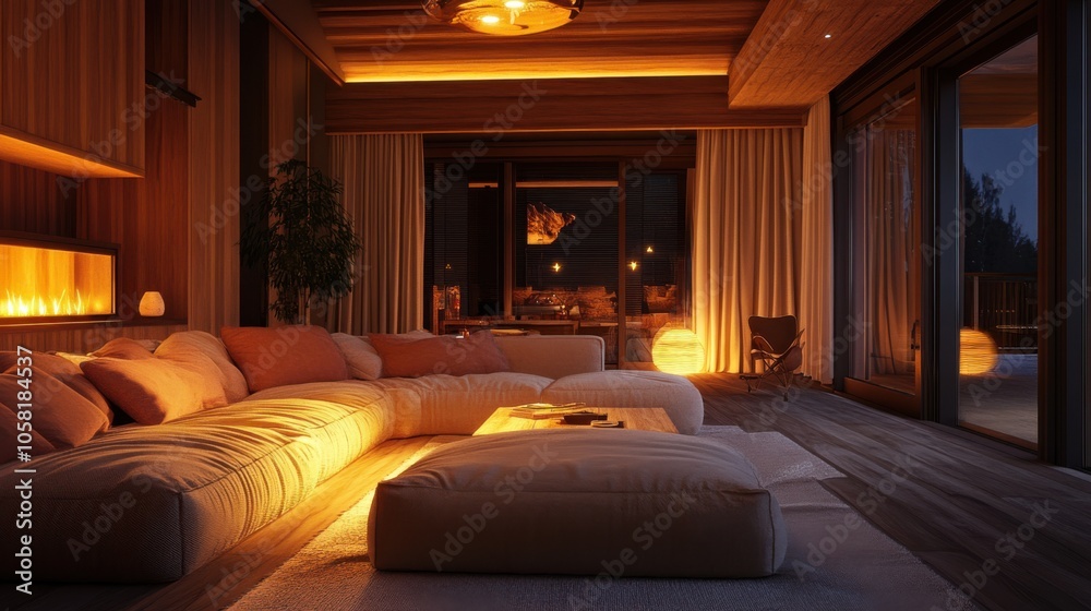 A cozy living room with a large sofa, warm lighting, A cozy living room with a large sofa, warm lighting,