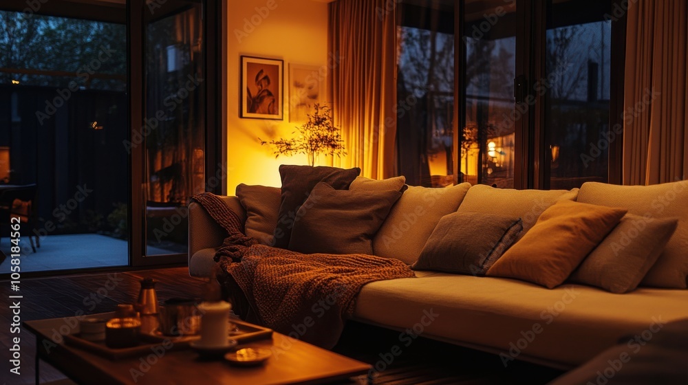 A cozy living room with a large sofa, warm lighting, A cozy living room with a large sofa, warm lighting,