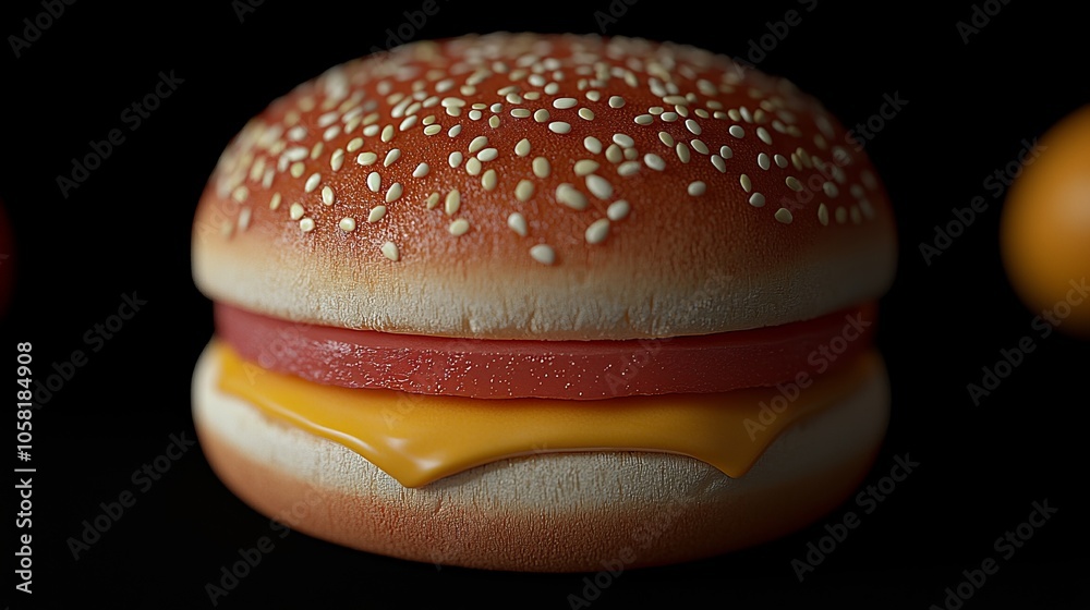 A close-up shot of a cheeseburger with sesame seed bun and cheese, with a black background. A close-up shot of a cheeseburger with sesame seed bun and cheese, with a black background.