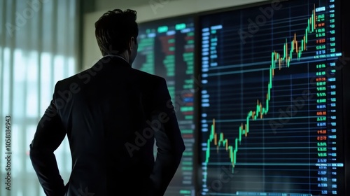 businessmans looking blur Stock charts on a large screen in room photo