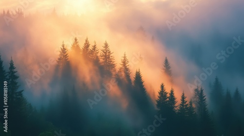 A dramatic sunrise over a misty forest with the first rays