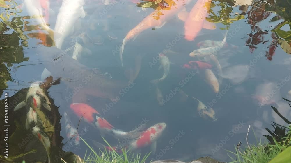 A group of koi fish are swimming in the pond. Koi fish or carp fish (Cyprinus Carpio) is an ornamental fish that has beautiful shapes, patterns, and colors. Goldfish in the pond. Japanese Koi fish.