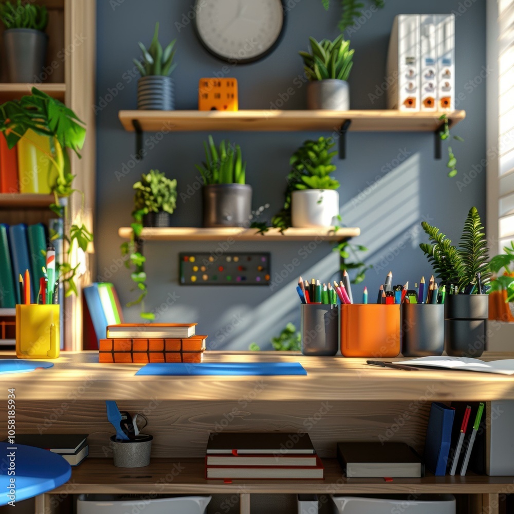 A workspace with a desk, shelves, and plants. AI. A workspace with a desk, shelves, and plants. AI.