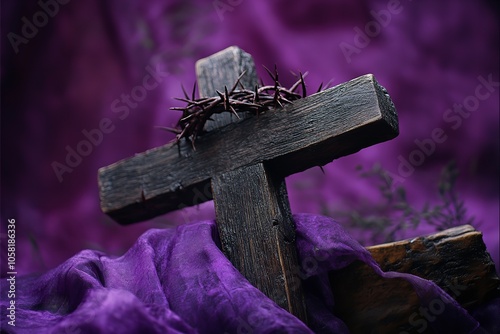 A wooden cross surrounded by thorns and set against a purple. Generative Ai