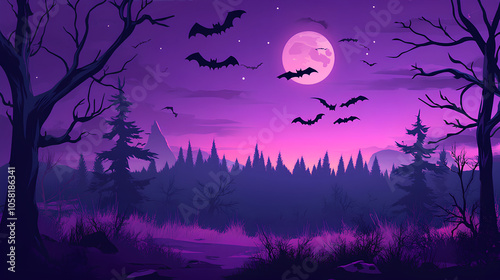 Dark, haunted Halloween forest landscape with bats in the sky at full moon at night. Spooky Halloween wallpaper background 