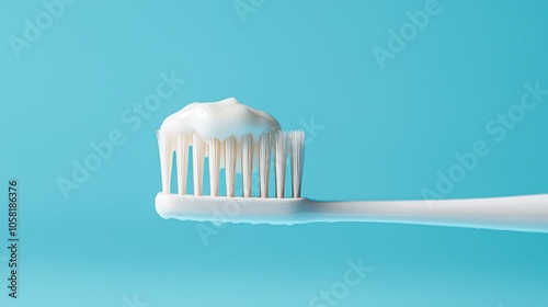 Close-up of toothbrush bristles holding a dollop of toothpaste, isolated on blue background, sharp focus, clean hygiene essentials