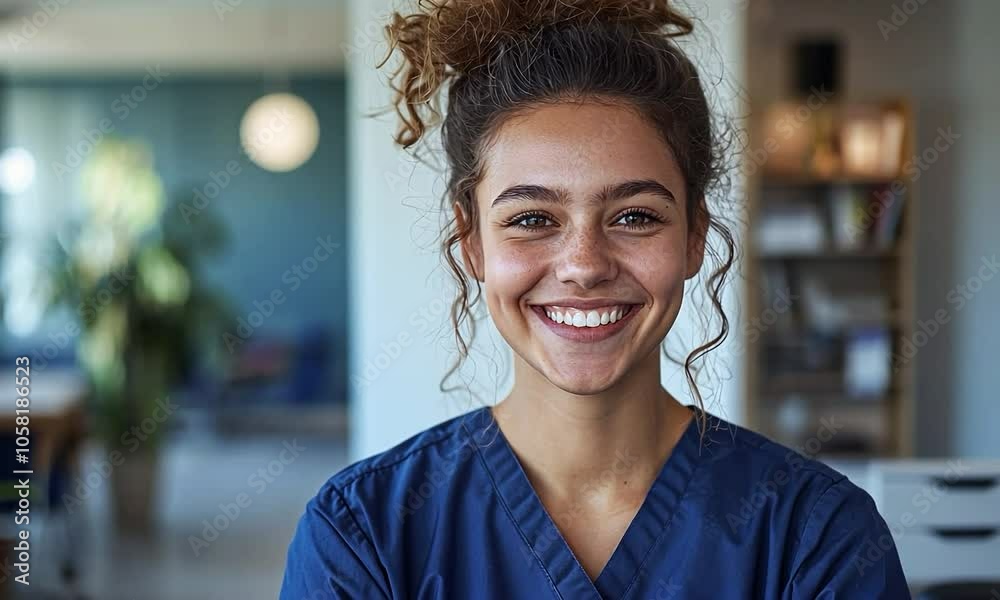 a School Nurse, half body photo, health office as blur background, eye look at camera, three-quarter composition, double eyelids, working scene, warm greeting, greeting, enthusiasm, happiness, 8k