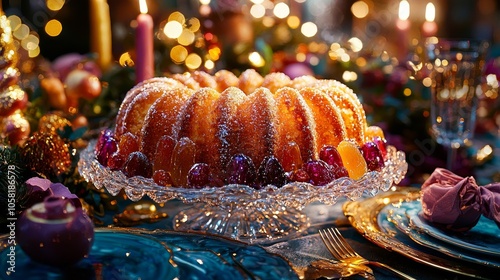 Warm Three Kings cake, shining sugar crystals, candied fruits in jewel tones, holiday-themed table photo