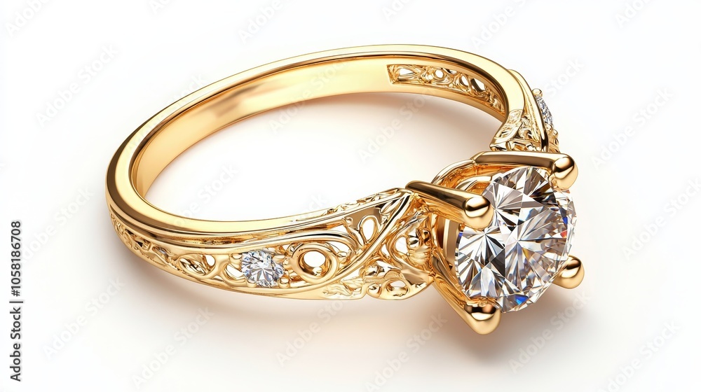 Intricately designed 3D yellow gold ring with a brilliant diamond and fine filigree work, isolated on a clean white background, ideal for jewelry marketing Intricately designed 3D yellow gold ring with a brilliant diamond and fine filigree work, isolated on a clean white background, ideal for jewelry marketing