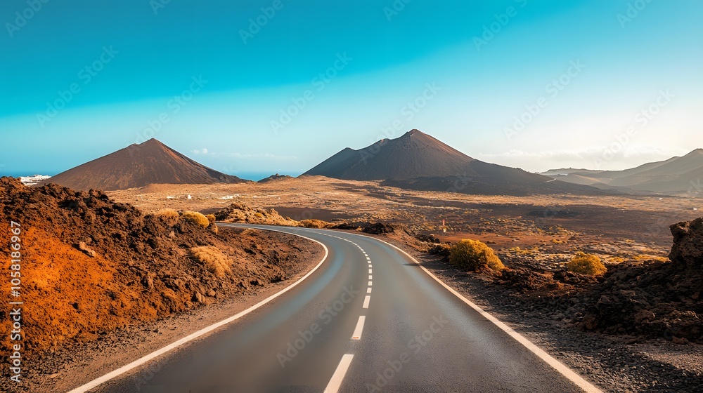 Image related to unexplored road journeys and adventures.Road through the scenic landscape to the destination in Lanzarote natural park. Image related to unexplored road journeys and adventures.Road through the scenic landscape to the destination in Lanzarote natural park.
