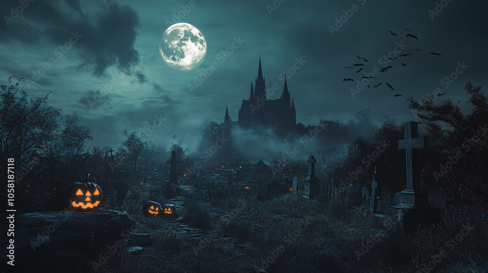Haunted Halloween landscape. Full moon, bats in the sky at night, scary castle, graveyard/cemetery, Jack O Lantern pumpkins. Dark Halloween wallpaper Haunted Halloween landscape. Full moon, bats in the sky at night, scary castle, graveyard/cemetery, Jack O Lantern pumpkins. Dark Halloween wallpaper