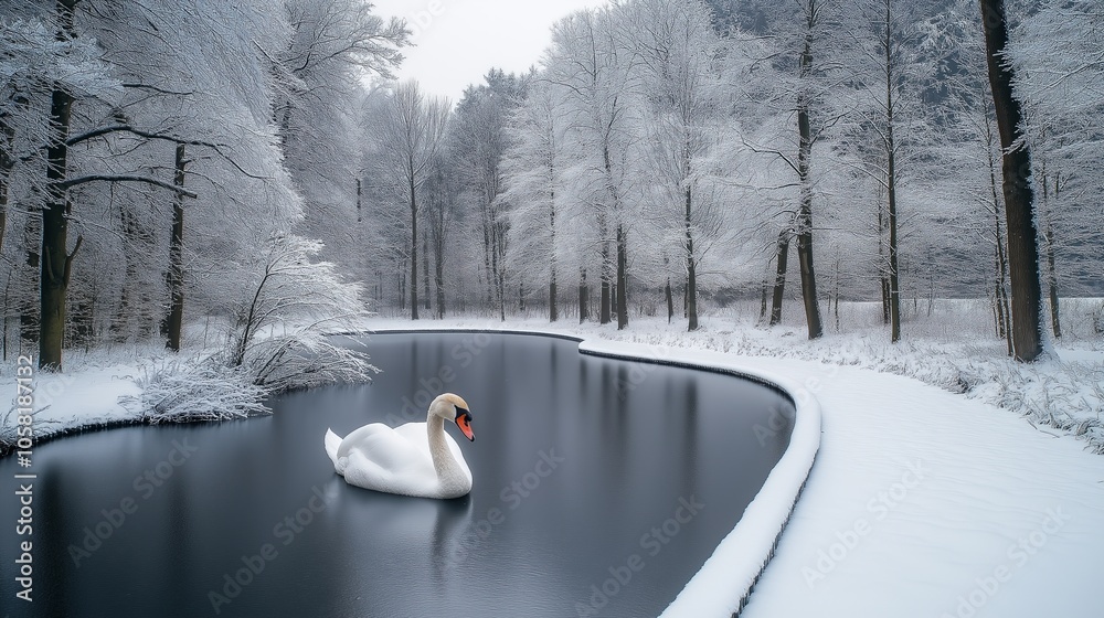 Naklejka premium snow covered landscape with a swan in a lake in winter