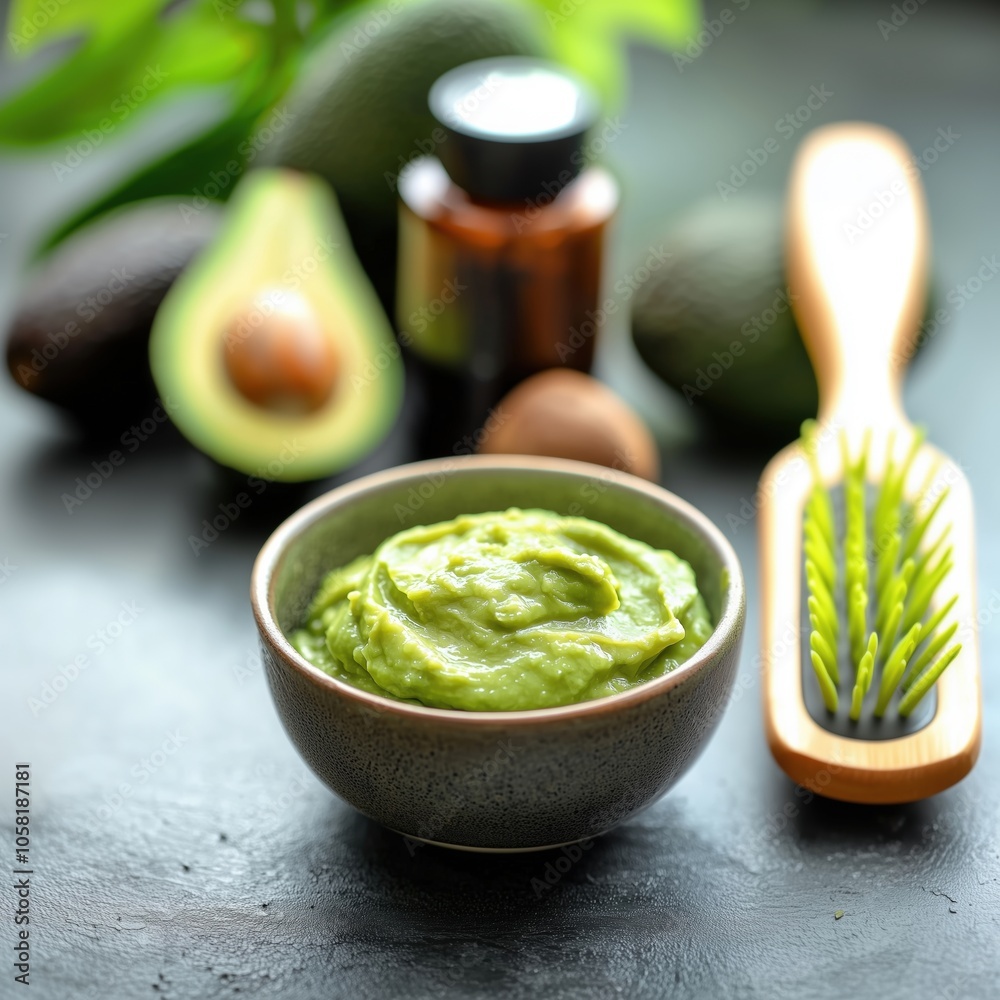 Avocado hair mask and natural brush promoting eco-friendly hair care Avocado hair mask and natural brush promoting eco-friendly hair care
