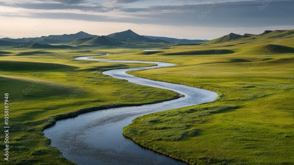 A peaceful landscape with a winding river cutting A peaceful landscape with a winding river cutting