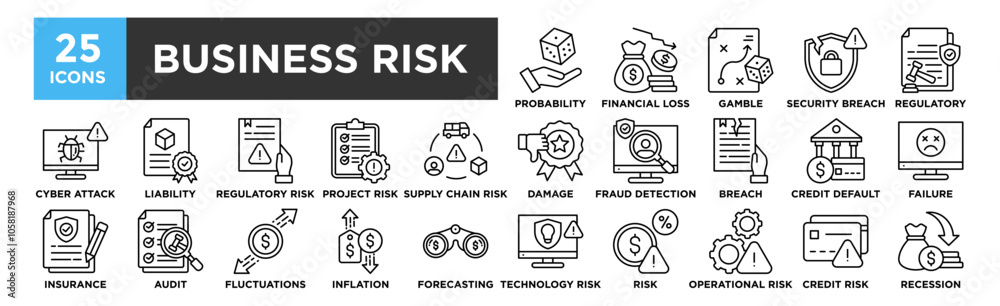 Business Risk icon collection set. Containing design risk, business, safety, management, security, strategy, investment Business Risk icon collection set. Containing design risk, business, safety, management, security, strategy, investment